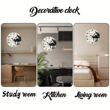 Elegant Piano Notes Wooden Round Silent Hanging Wall Clock, Suitable For Living Room,Office,Study Room, Bedroom, Home Decoration