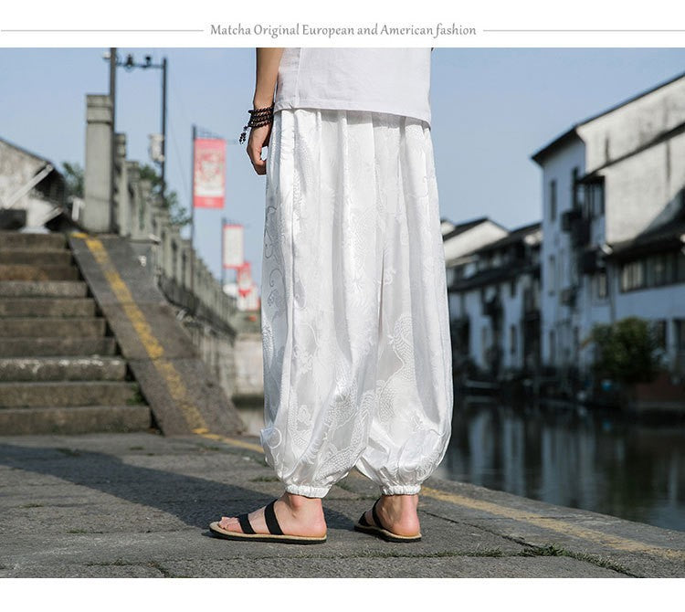 FGKKS 2023 Outdoor Brand Pants For Men Lce Silk Dragon Dark Flower Loose Bloomers High Quality Wide Leg Casual Trousers Male