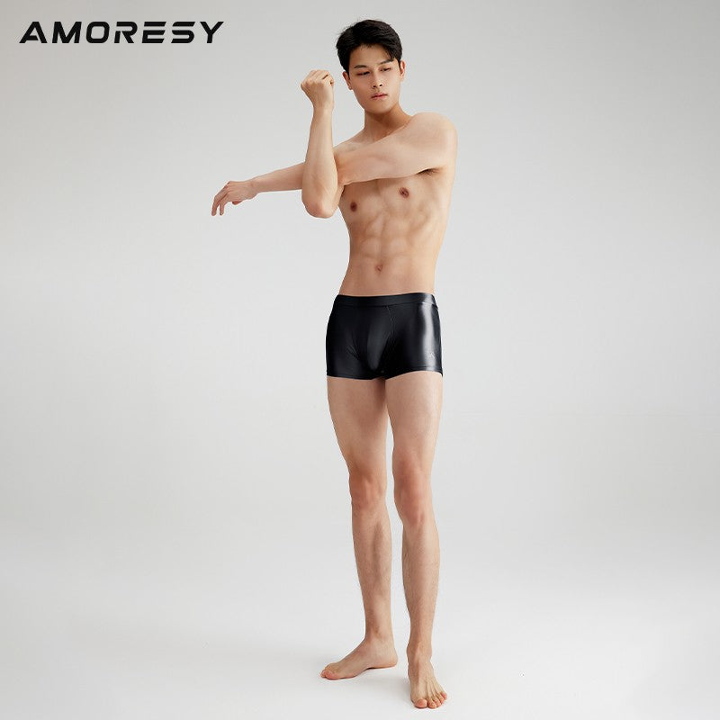 AMORESY Men's Satin Glossy Boxer Shorts Breathable High Elastic Sports Thin Soft Brief Swimming Fitness Solid Leggings Underwear