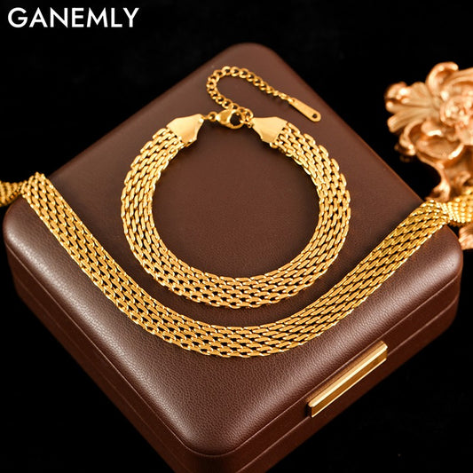 GANEMLY 316L Stainless Steel Metal Wide Chain Necklace Bracelets Waterproof Jewelry Set Gold Color Chain Charm Jewelry Set Gift