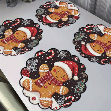 4PCS Christmas Circular Waves Placemats Non Slip Heat Resistant Table Mats Winter Dining Party Christmas Decor Round Tablecloth