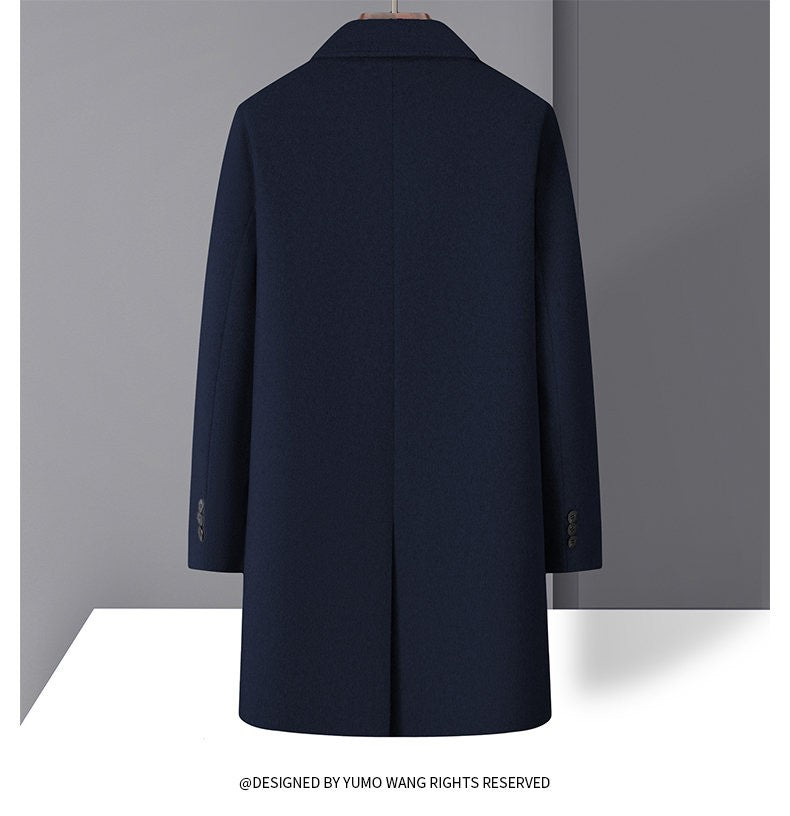 High-quality men's fashionable, stylish and versatile solid-color casual long woolen overcoat, wool woolen overcoat