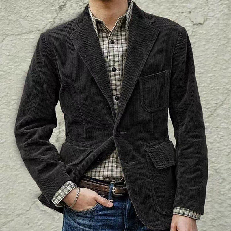 European and American Business Men's Casual Outerwear for Spring and Autumn, Fashion Button Slim Fit Corduroy Suit Coat S-XXXL