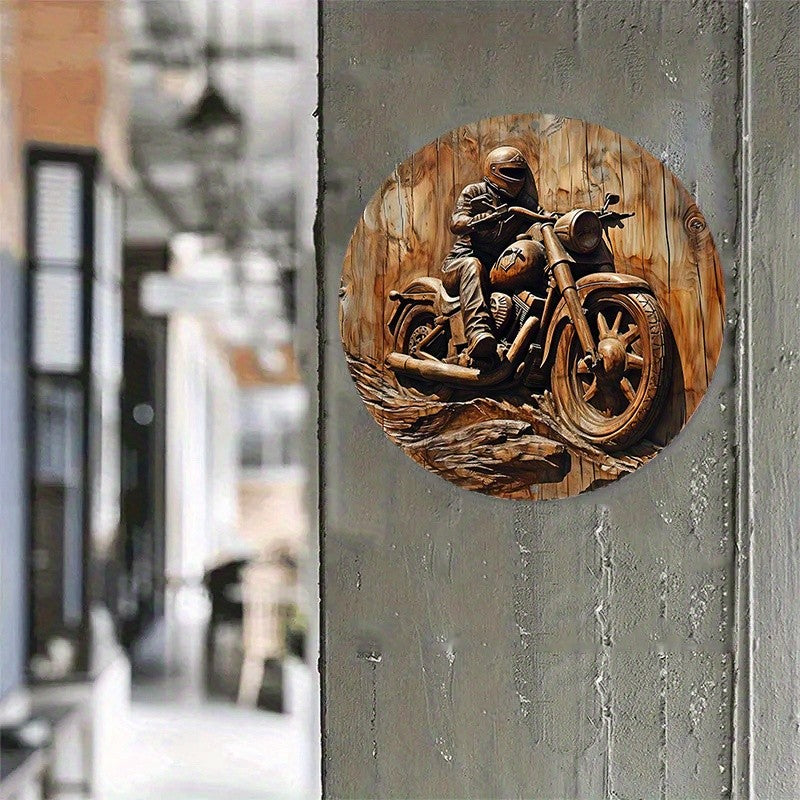 Round Metal Sign Faux Wooden Carved Painted Circular Wreath Sign Entrance Decoration Gifts Motorcycle Themed Decoration