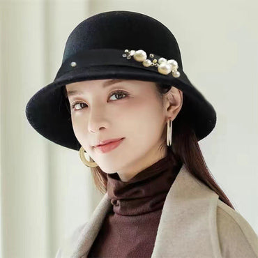 Elegant Women Pearl Ribbon Fedora Hat Autumn Winter Warm Imitation Woolen Bowler Cap Solid Color Felt Hats