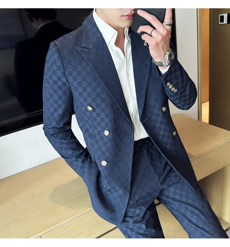 (Jacket+Pants)Luxury Checkered Double Breasted Suit  2 Pieces Fashion Business Slim Fit Social   Formal Suit Evening Dress 5XL-M