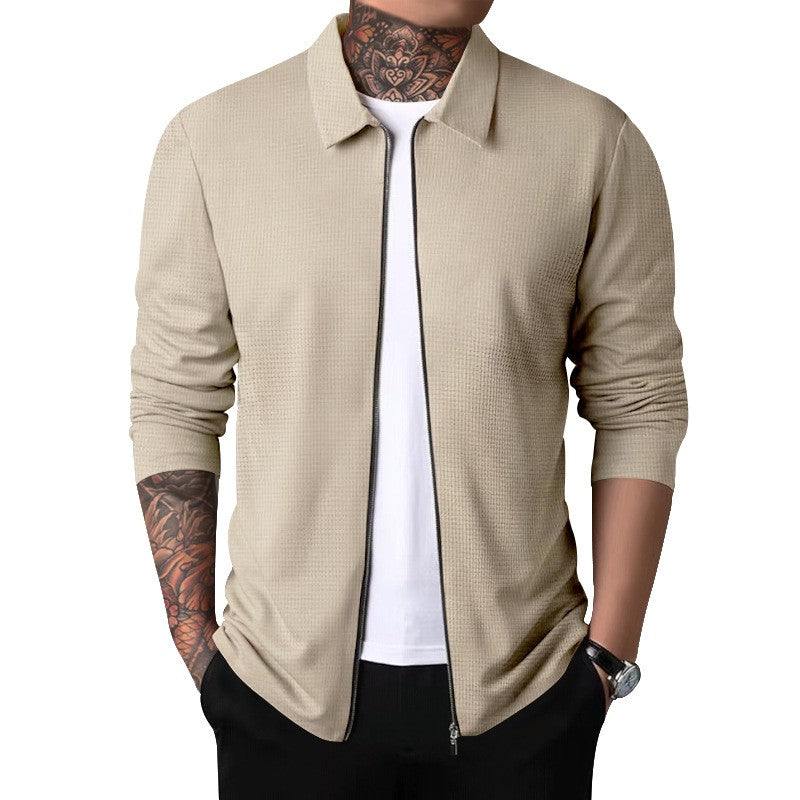 2024Summer Popular Waffle Outdoor Polo Collar Jacket Men's Coat Nick Garment Casual Sports Zipper Cardigan Long Sleeve Coat
