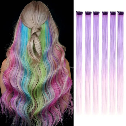 6pcs/pack Colored Party Highlights Clip in Hair Extensions for Girls 22 inches Multi-colors Straight Hair Synthetic Hairpieces
