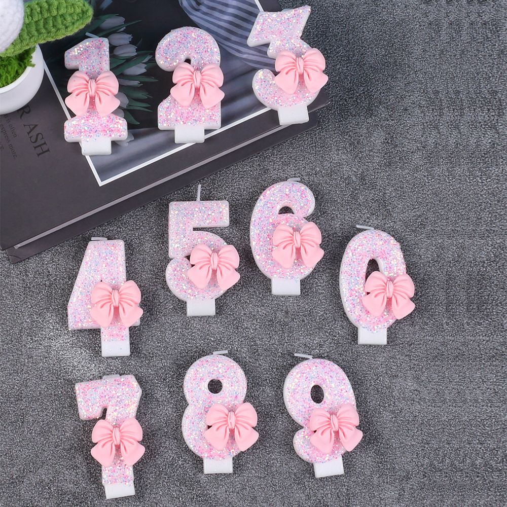 Pink Bow Number Candle Glitter Candle Cake Topper 0-9 for Birthday Anniversary Party Cake Decoration Gifts
