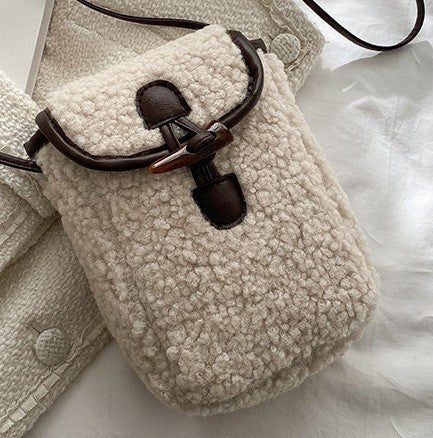 Fashion Winter Lambswool Phone Bag Sweet Lovely Portable Women Wallets Square Purse Faux Fur Plush Shoulder Bags Purses Handbags