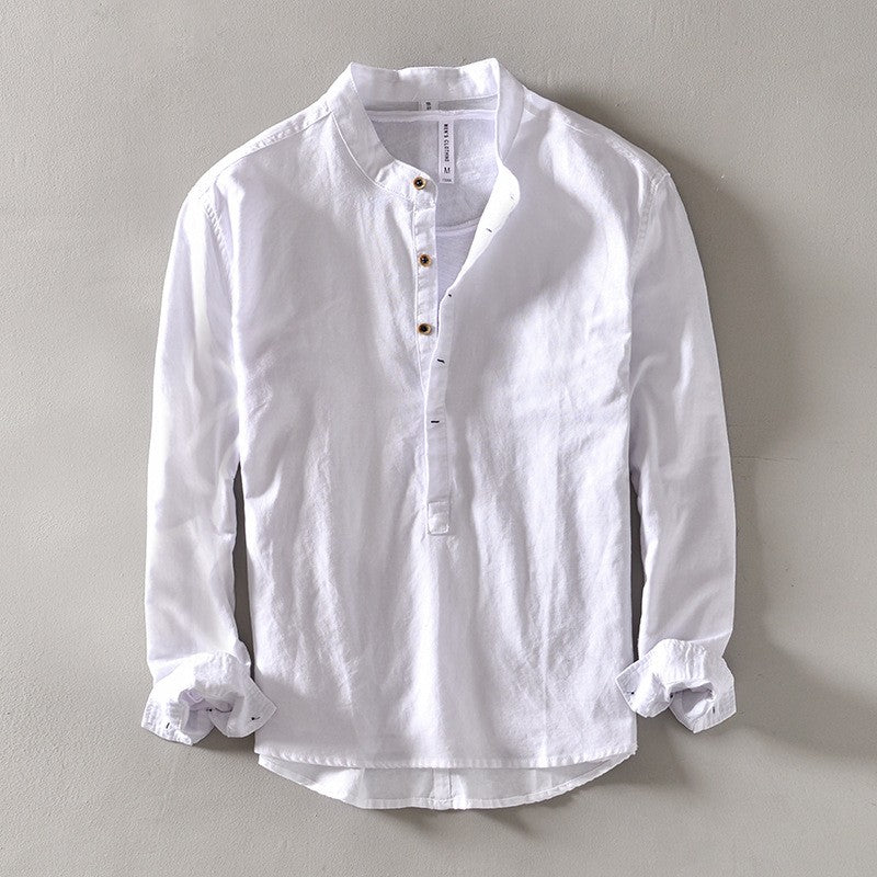 2024 Men's Linen Long-sleeved Shirt with Stand Collar, Youth Casual Loose Men's Cotton and Linen White Shirt.Beach Vacation Top