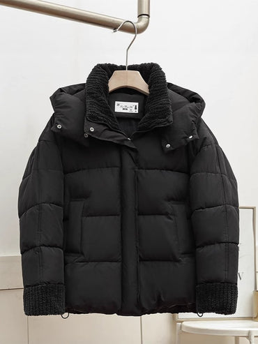 Lambswool Patchwork Thick Women Winter Coat 2025 New Fashion Hooded Puffer Jackets Cotton Padded Short Parkas