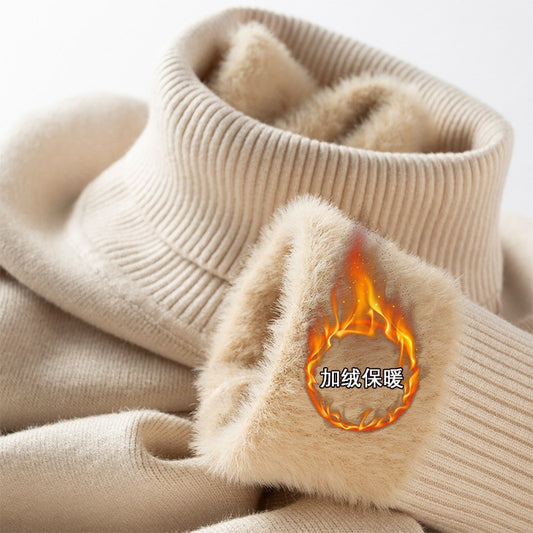 Men‘s Thermal Fleece High-neck Sweater Winter Turn-down Collar Fleece-lined Knitted Pullover Casual Keep Warm Thick Bottom Tops