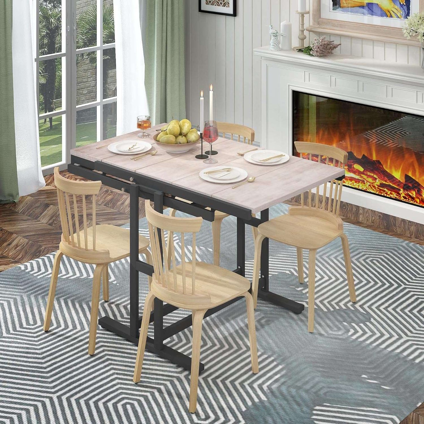 2-in-1 Shelf To Table Compact Furniture, Extendable Dining Table With Metal Frame, Convertible Kitchen Table For 4-6, 55inch