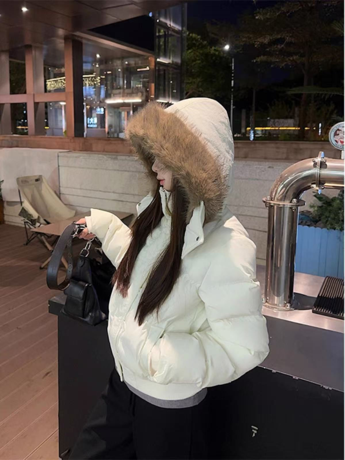 South District Fiona Women's Winter Jacket Navy Blue Cotton Short down Coat with Detachable Hood And Fur Collar