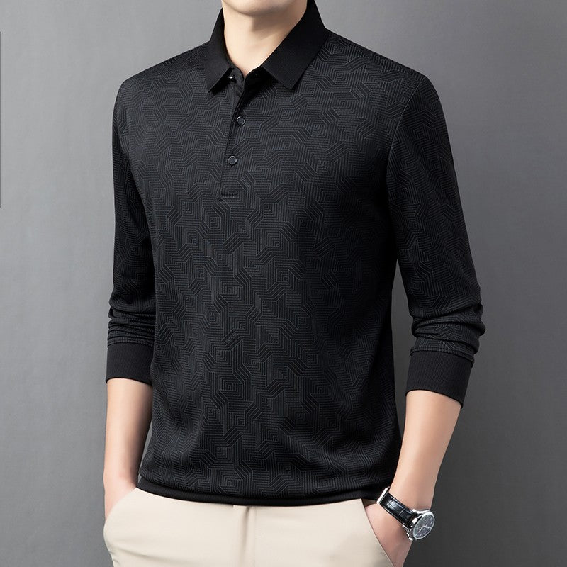 New Men's Business Casual Long Sleeved Shirt with Badge Solid Color Polo Shirt Fashionable Breathable Comfortable Versatile Top