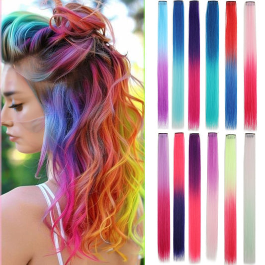 10 Extensões de Cabelo Sintéticas com Grampo de 45 cm, Mechas Coloridas para Festa, Apliques Longos e Lisos para Mulheres