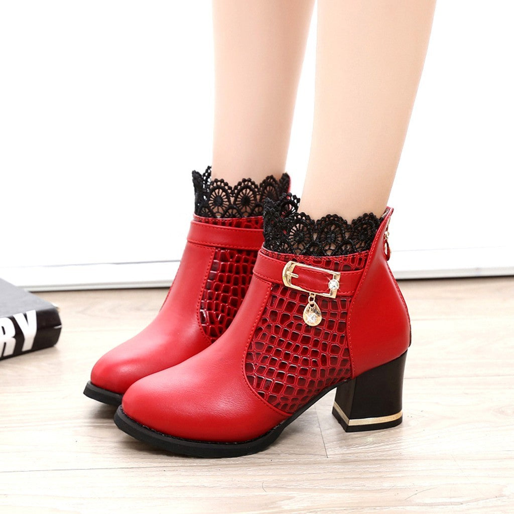 Women'S Ladies Boots Fall Winter Vintage Leather Lace Short Boots Shoes Women'S Fashion Lace Trim Boots Mid-Heeled Boots
