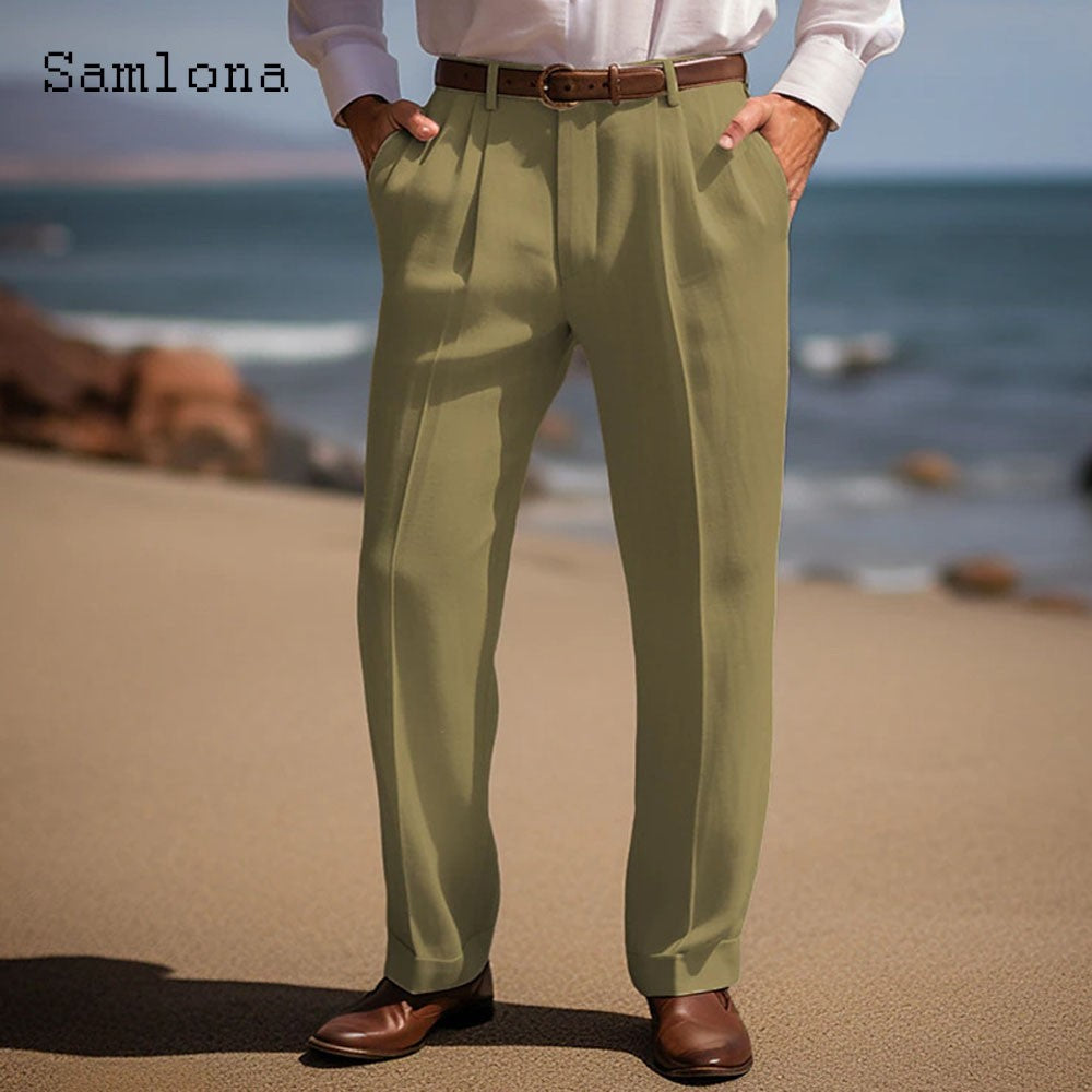 Men's Stand Pocket Casual Cotton Linen Pants White Soft Beach Trousers 2025 American and European Fashion Style Basic Suit Pants