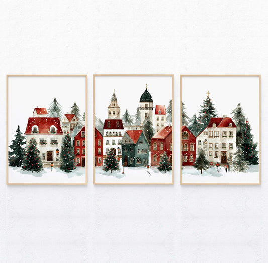 Christmas Village Prints Set of 3 Snowy Winter Town Paintings Christmas Poster Print for Living Room Xmas Santa Decoration