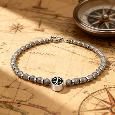 Runda Men's Bracelet with Black Iron Ore Anchor Pendant Stainless Steel Adjustable 22cm Fashion Charm Bead Jewelry