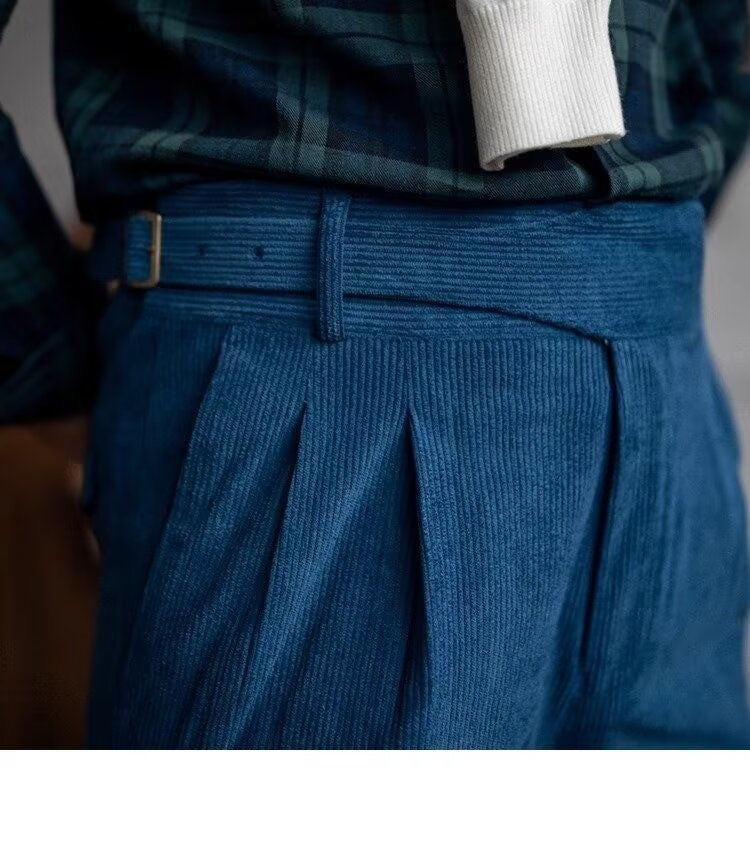 Italian Style Corduroy Naples Suit Pants Men High-waisted Adjustable Belt Straight Trousers Autumn England Business Casual Pant