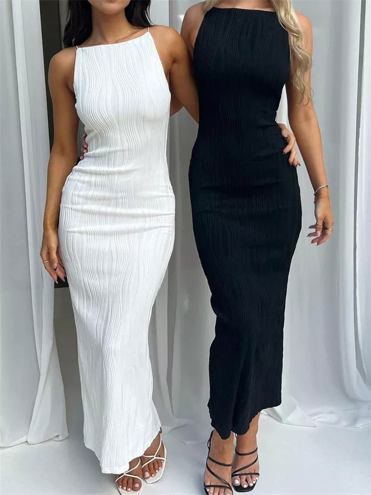 Sexy Women Long Dress Ruched Sleeveless Slim Solid Summer Party Back Split Dress