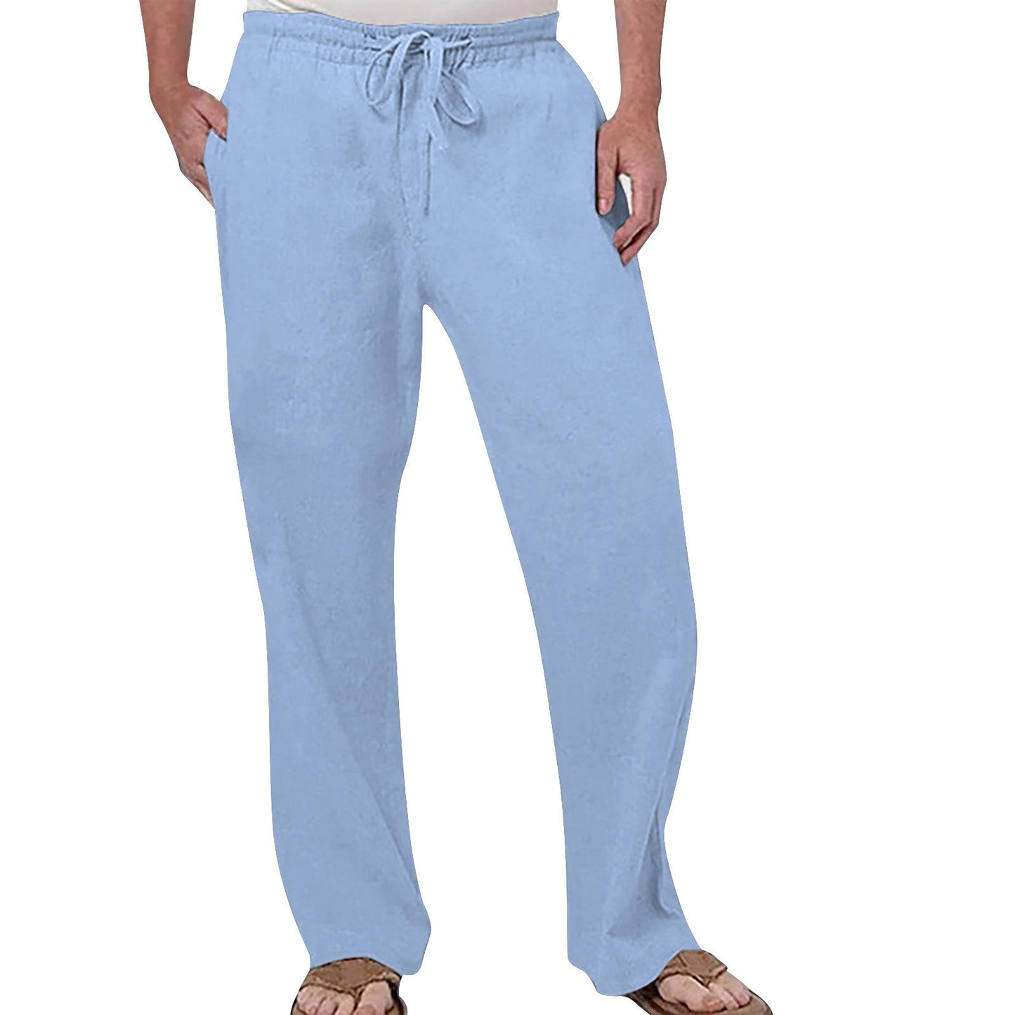 Mens Fashion Casual Pants Solid Color Breathable Cotton Linen Elastic Waist Straight Pants With Pockets Large Size White Pants