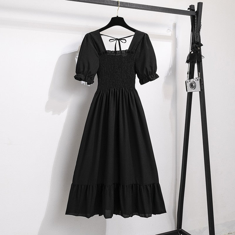 Summer Pleated Women Chiffon Dresses Casual Beach Holiday Short Sleeve Square Co