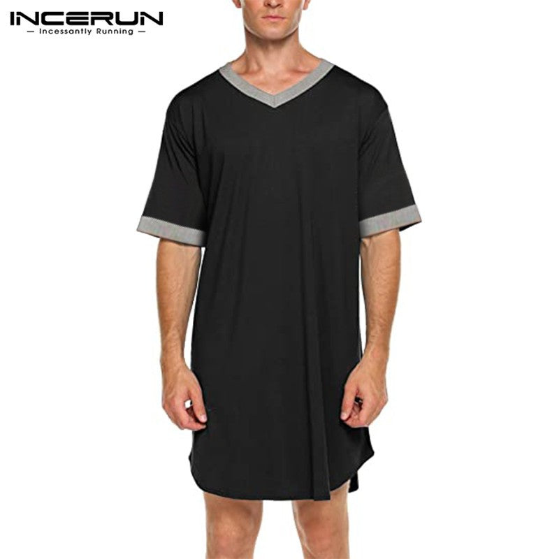 INCERUN 2024 Men Sleep Robes Short Sleeve V Neck Nightgown Patchwork Cozy Homewear Fashion Loose Mens Bathrobes Dressing Gown