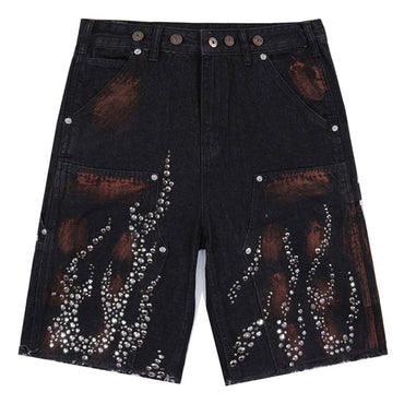 Fire Diamond Denim Shorts Vintage Rhinestone Graphic Short Jeans Men Streetwear Harajuku Hip Hop Shorts