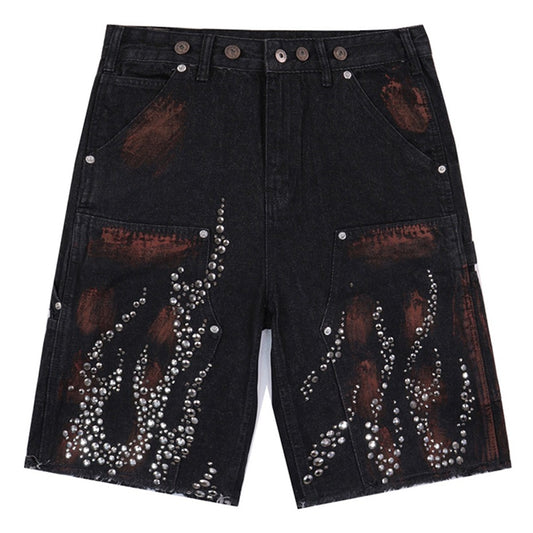 Fire Diamond Denim Shorts Vintage Rhinestone Graphic Short Jeans Men Streetwear Harajuku Hip Hop Shorts