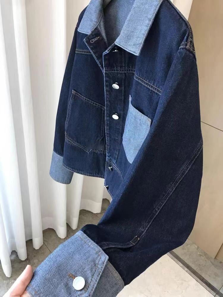 Retro Contrasting Color Laple Denim Jacket for Women 2024 Autumn New Loose Single-breasted Coats Casual Versatile Short Top