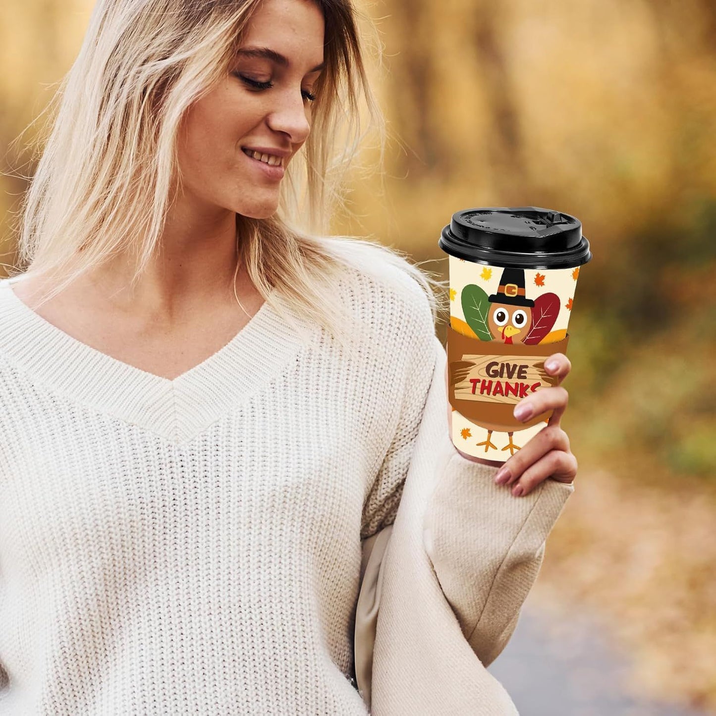 48 Set Fall Thanksgiving Disposable Coffee Cups with Lids and Sleeves Turkey Maple Paper Cups Give Thanks Drinking Cups