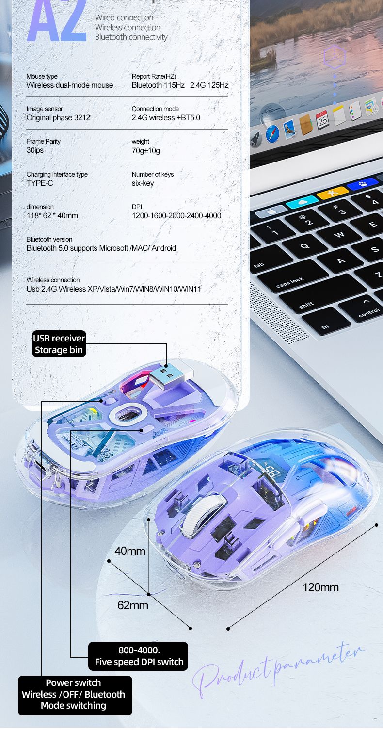 Mouse Bluetooth A2 com tela digital transparente RGB, conexão sem fio de modo duplo, compatível com Win/Mac