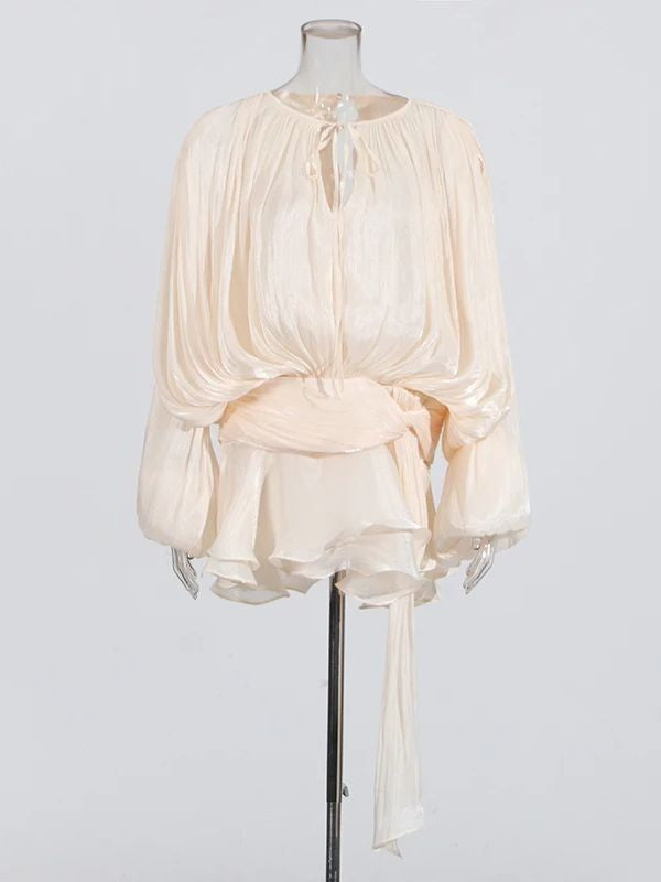 TWOTWINSTYLE Elegant Ruched Mini Dress For Women Round Neck Lantern Long Sleeve