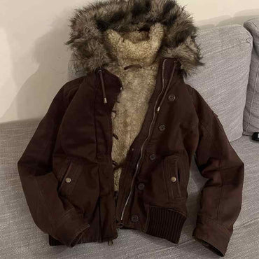 Vintage Fur Lined Bomber Jacket Womens Brown Zipper Hooded Coat with Sherpa Lining Ribbed Cuffs Y2K Autumn and Winter Clothing