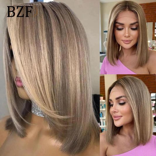 12Inch Platinum Blonde Highlight Short Bob Wigs Dark Roots Synthetic Lace Front Colored Straight Blonde Wig For Women Daily Use