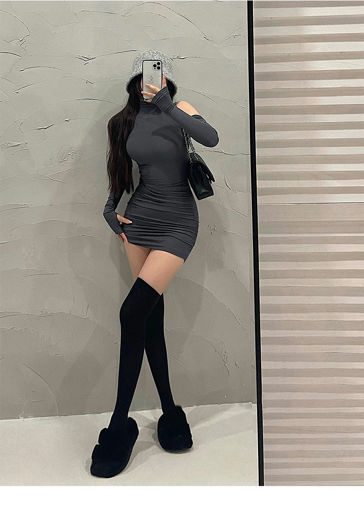 Summer Sexy High Neck Tight Dress Oversleeve Pleated Bottom Wrapped Hip Dress Wo