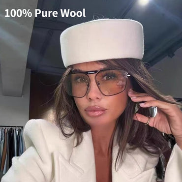 Autumn Winter Women Wool Fedoras Hats Elegant French Hard Top Concave Top Felt Berets Hat Wedding Fascinator Party Pillbox Cap