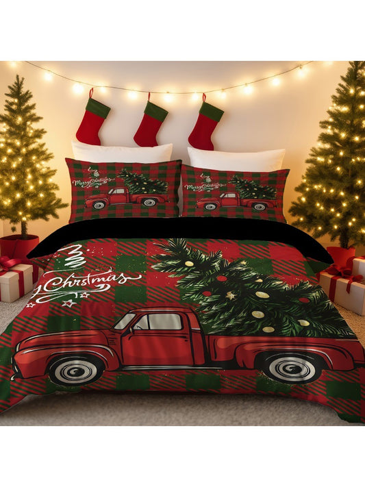 3pcs Checkered Christmas Coreless Duvet Set with Multiple Sizes for Bedrooms Dormitories, Soft and Comfortable, Machine Washable