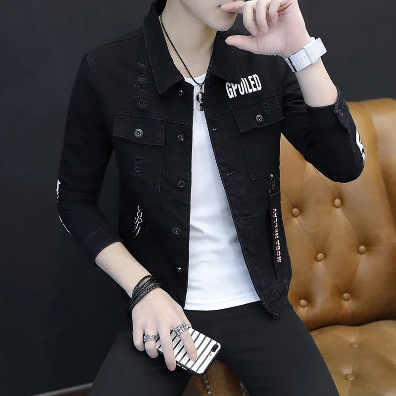 spring autumn New Men's Casual Cotton Denim Jacket Classic Style Fashion Slim Washed Retro Letter printing Jean Casual Coats