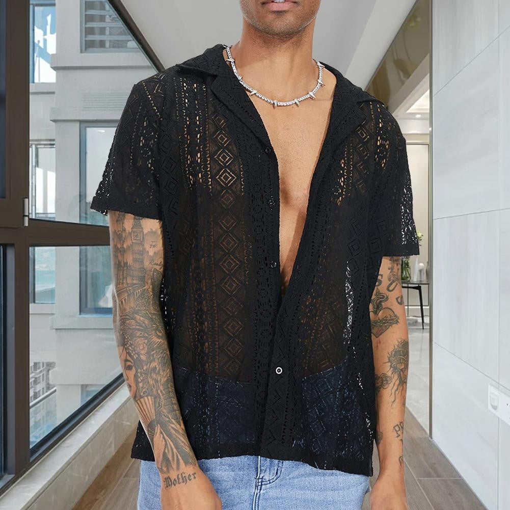 Stylish Men T-shirt Mid-length Solid Color Soft Breathable See-through Men Shirt Men Shirt Daily Wear