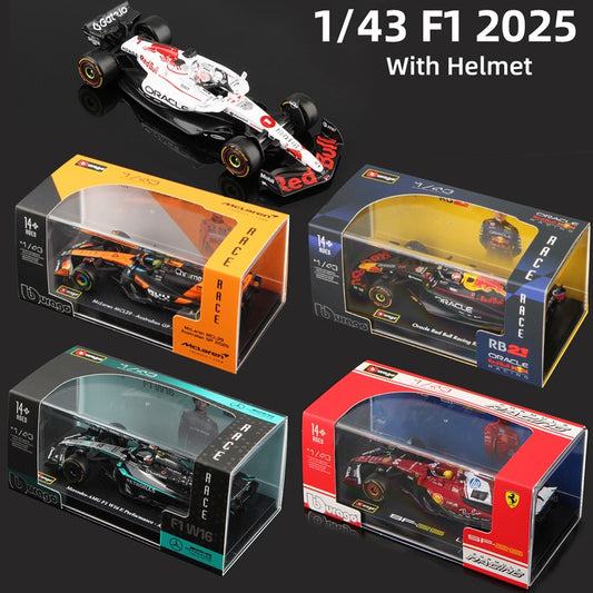Bburago 1:43 F1 Model With Helmet 2025 Alloy Miniature Diecast Formula Racing Car Toy MCL39 W16 SF25 RB21