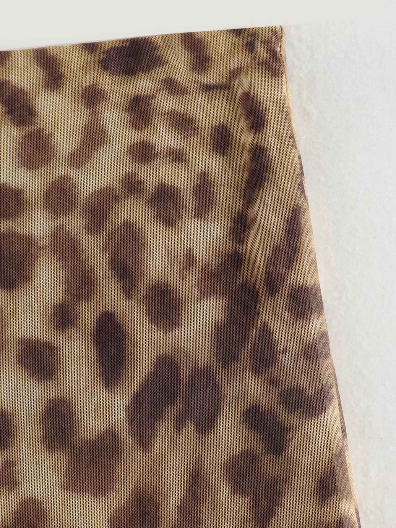 Women Leopard Tulle Midi Skirt 2024 Summer Fashion High Waist Elasticated Waistb