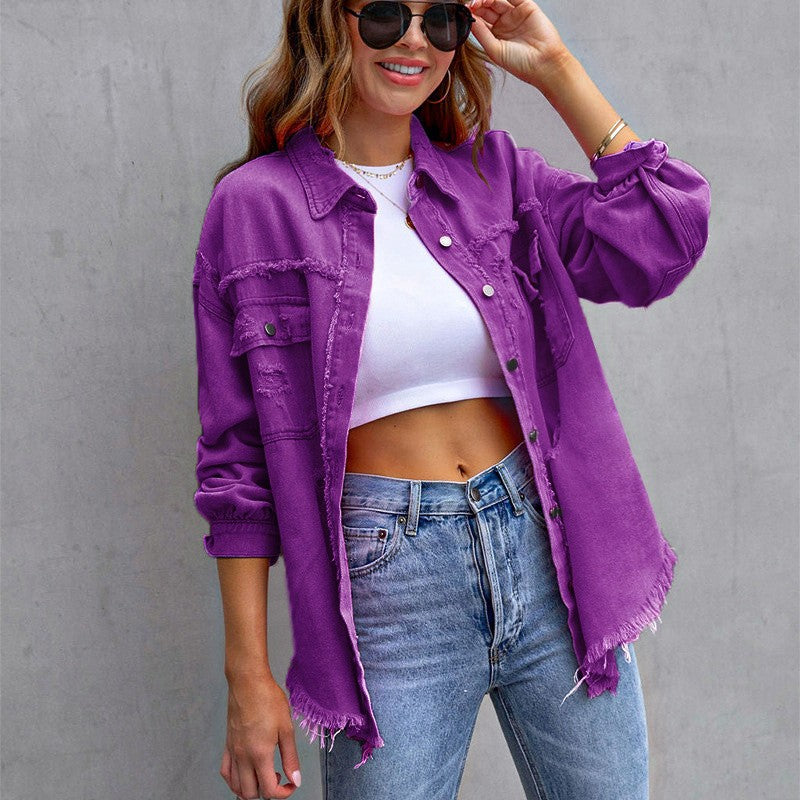 2025 Holes Raw-edges Denim Jacket Women Spring Autumn Shirt Style Jeancoat Casual Top Rose-Red Orange Purple Outerwear Lady Coat