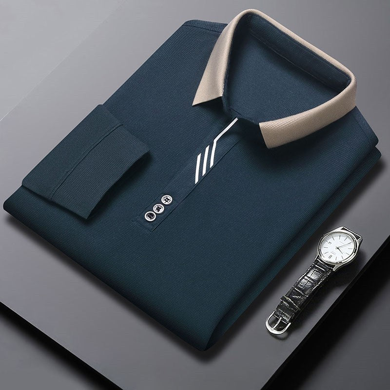 New Men's Business Casual Long Sleeved Shirt Solid Color Polo Shirt Fashionable Breathable Comfortable Versatile Top