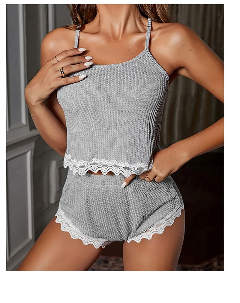 Soft Comfortable Women Sleeveless T-Shirts and Shorts Loose Home Wear Underwear Sexy Lace Pajamas Set