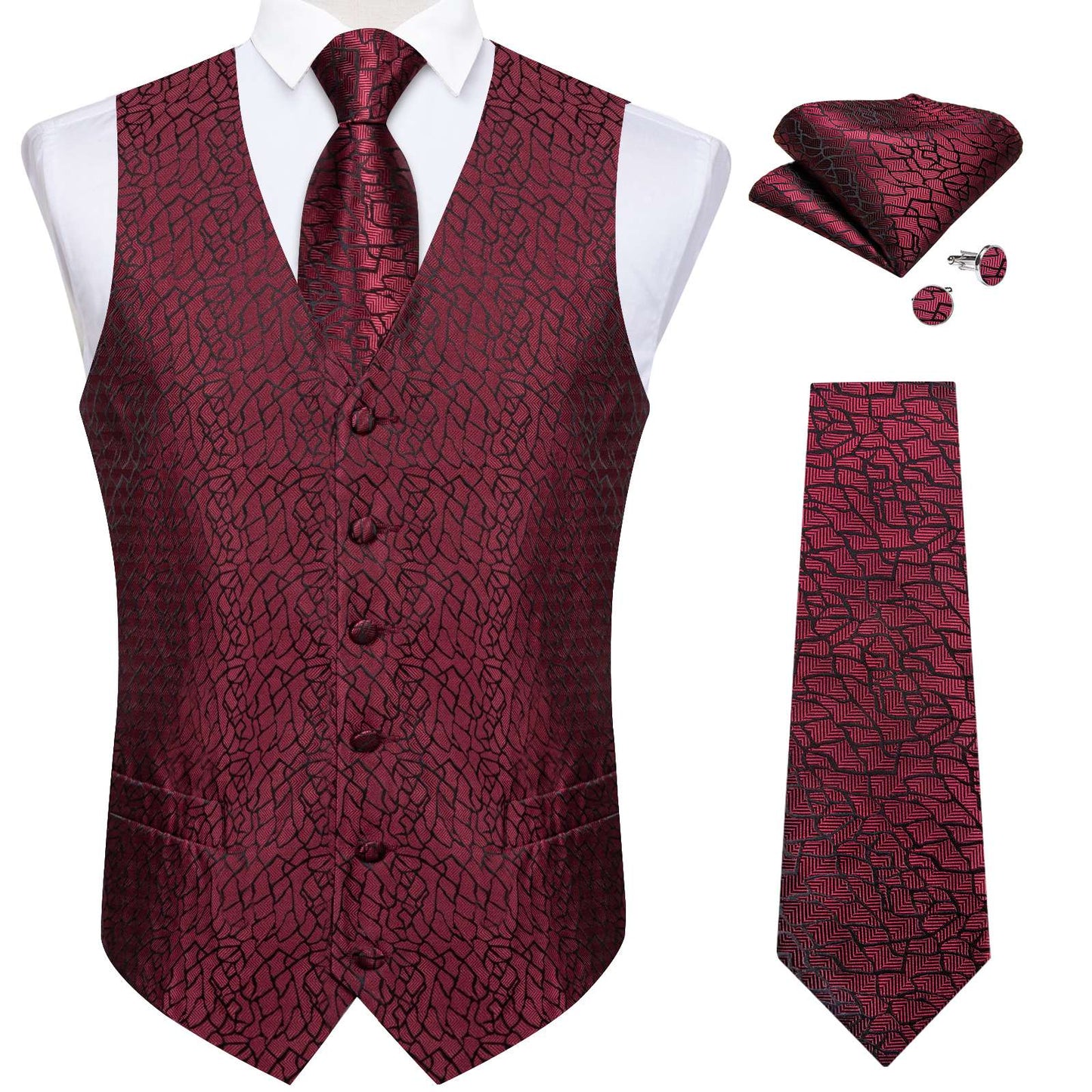 Luxury Paisley Men's Suit Vest Black Pink Red Wedding Prom Tuxedo Waistcoat Necktie Handkerchief Cufflink Sleeveless Jacket Vest