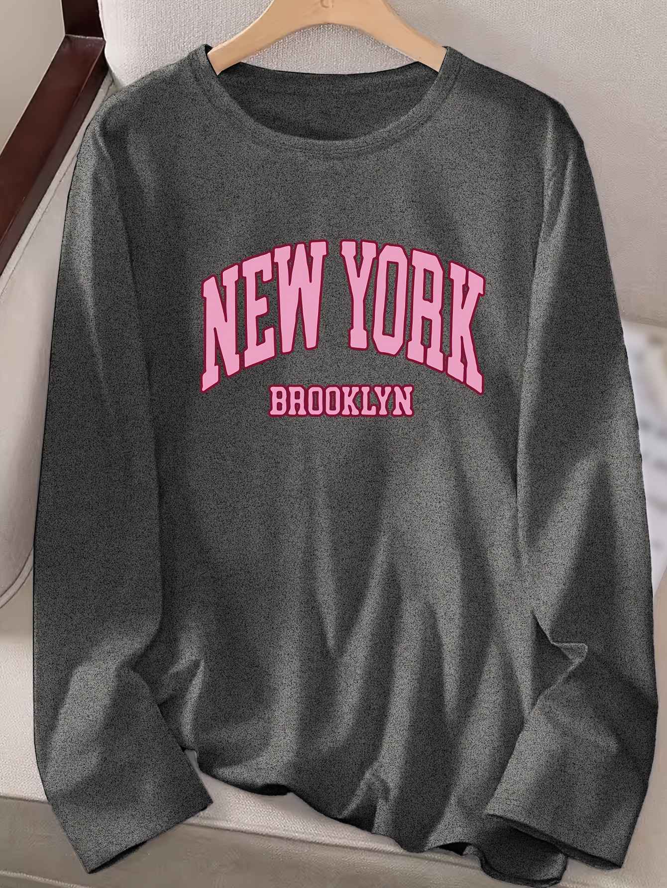 Women's autumn and winter 100% pure cotton fashionable casual Brooklyn New York printed loose round neck long sleeved T-shirt